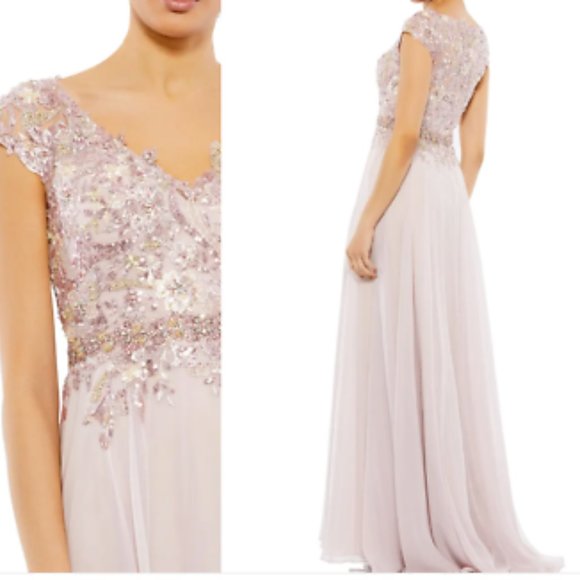 MAC DUGGAL BEADED SEQUIN CAP SLEEVE MESH & CHIFFON A-LINE ROSE sz 10 - Picture 6 of 6